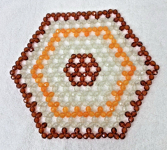 MCM Vintage Handmade Sparkly Beaded Trivit Doily Orange Brown Clear 9 Inch - $9.41