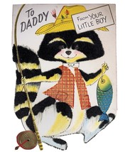 Vintage Greetings Father’s Day Greeting Card Felt Raccoon Fishing 1960’s - $5.88