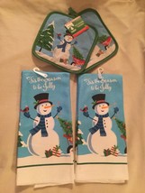 4 piece kitchen set Christmas House towels snowman pot holder microfiber - $15.99