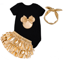 NEW Minnie Mouse Baby Girls Black Shirt Gold Ruffle Bloomers Headband Outfit  - £6.74 GBP