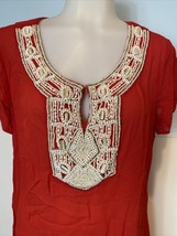 Chico&#39;s Red Short Sleeve Scoop Neck Beaded Top Size Sm 8-10 - £8.98 GBP