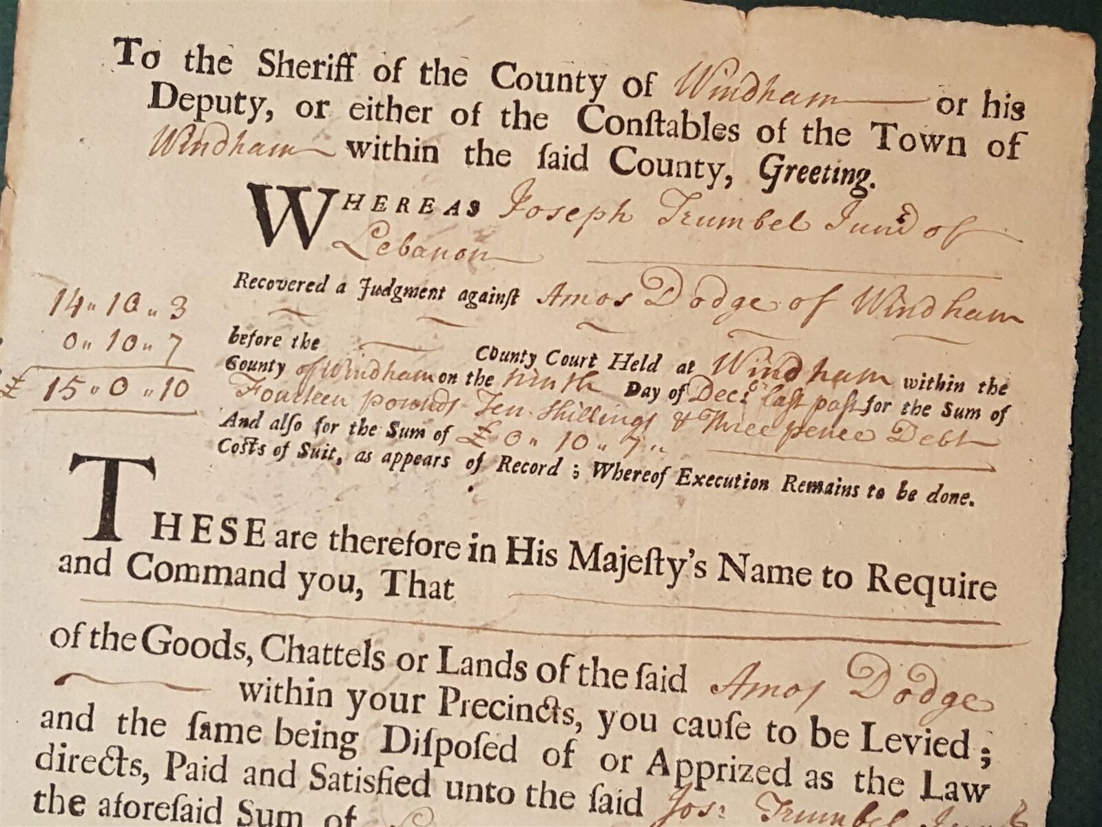 Primary image for 1730 antique COLONIAL windham lebanon ct JOS TRUMBLE legal document AMOS DODGE