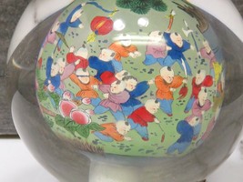 Large Chinese Reverse Painted Paperweight Glass Ball on Stand Signed Children  - £34.51 GBP