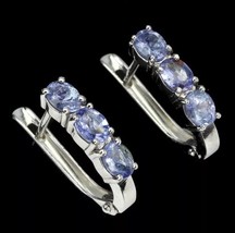Natural Unheated Oval Tanzanite 14K White Gold Plate Sterling Silver Earrings - £110.79 GBP