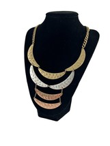 Hammered Copper Brass Silver Tone Bib Necklace Statement Brutalist Metal 15-19&quot; - £11.87 GBP