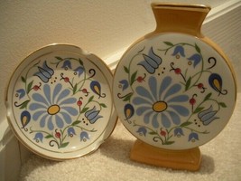 Vase + Matching Plate 14K Gold Trim Painted Ceramic Set $120 Value Vtg 60s NEW - £35.19 GBP