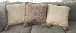 Set of 3 soft 20&quot; decorative pillows cream gold patterned 2 tassel - $99.99