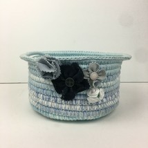 Blue Yarn Rope Bowl w Handles Blue Flowers Floral Buttons Handmade Completed - £11.10 GBP