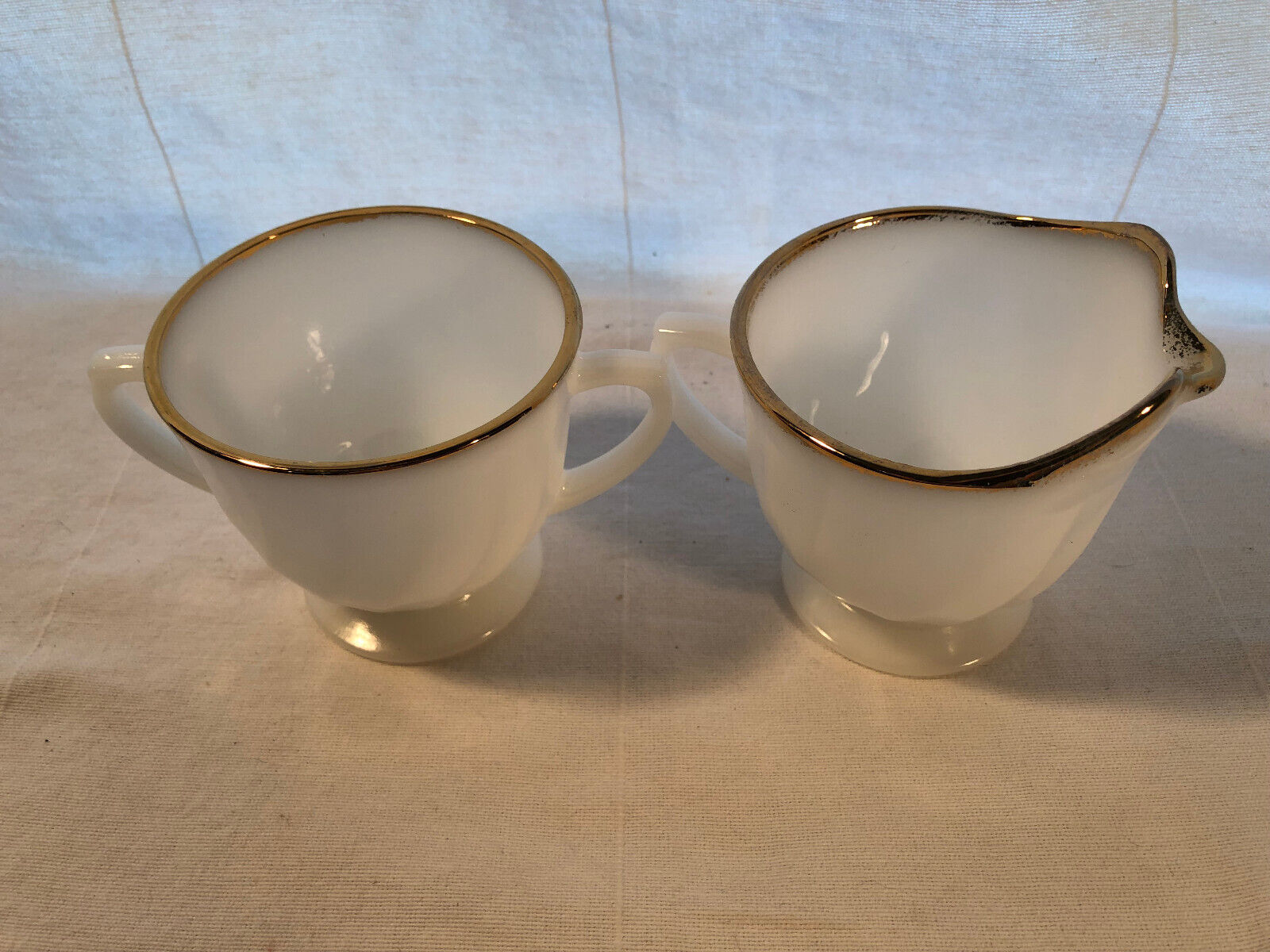 Primary image for Fire King Swirl White With Gold Trim Creamer And Sugar Mint Depression Glass