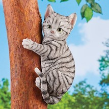 Climbing Gray Tabby Kitty Cat Tree Post Hugger Garden Statue Kitten Yard... - $29.94