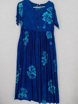 Hibiscus Collection Tina&#39;s Creation Short Slv Dress Sz S Oc EAN Blue Batik Floral - £19.65 GBP