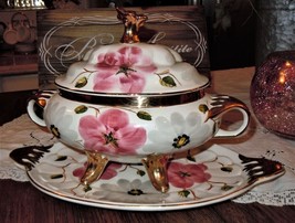 VTG Pereiras Valado Portugal Tray &amp; Soup Tureen Floral Gold Pink Hand Painted - £47.18 GBP