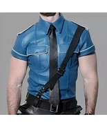 Real Blue Leather Police Uniform Style Shirt Short Sleeves Men Bikers Shirt - $1,811.89 MXN