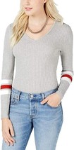 Hooked Up by IOT Juniors Lace-Up Varsity-Stripe Sweater Gray Size Small - $34.65