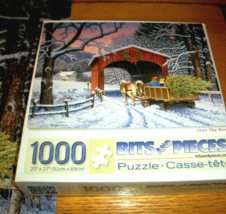 Jigsaw Puzzle 1000 Pieces Covered Bridge Horses Christmas Tree Snow Complete - $12.86