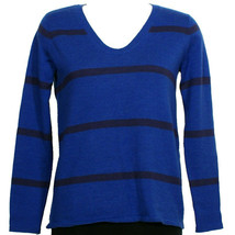 Eileen Fisher Deep Sky Blue Navy Stripe Merino Wool Jersey V-Neck Sweater L - £95.61 GBP