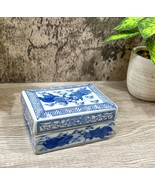Vintage Chinese Blue and White Porcelain Koi Lidded Trinket Jewelry Box - $54.45