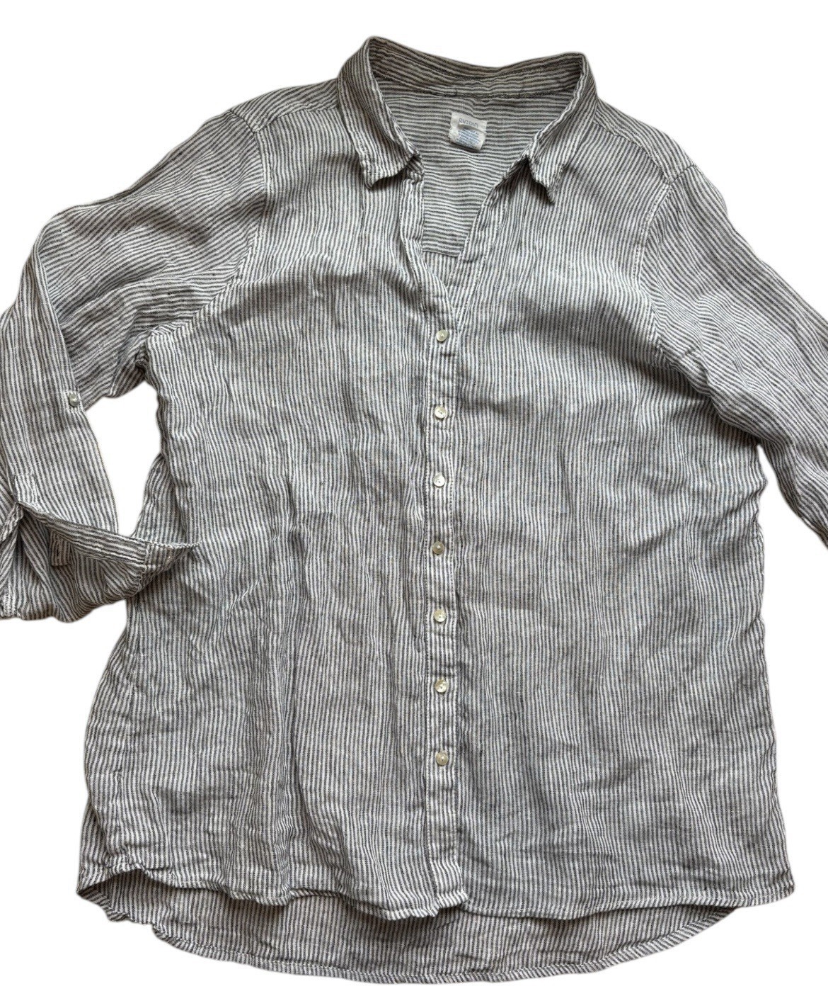 SIGRID OLSEN Womens 1X Button Shirt 100% Linen Black White Stripe Long S... - $19.99