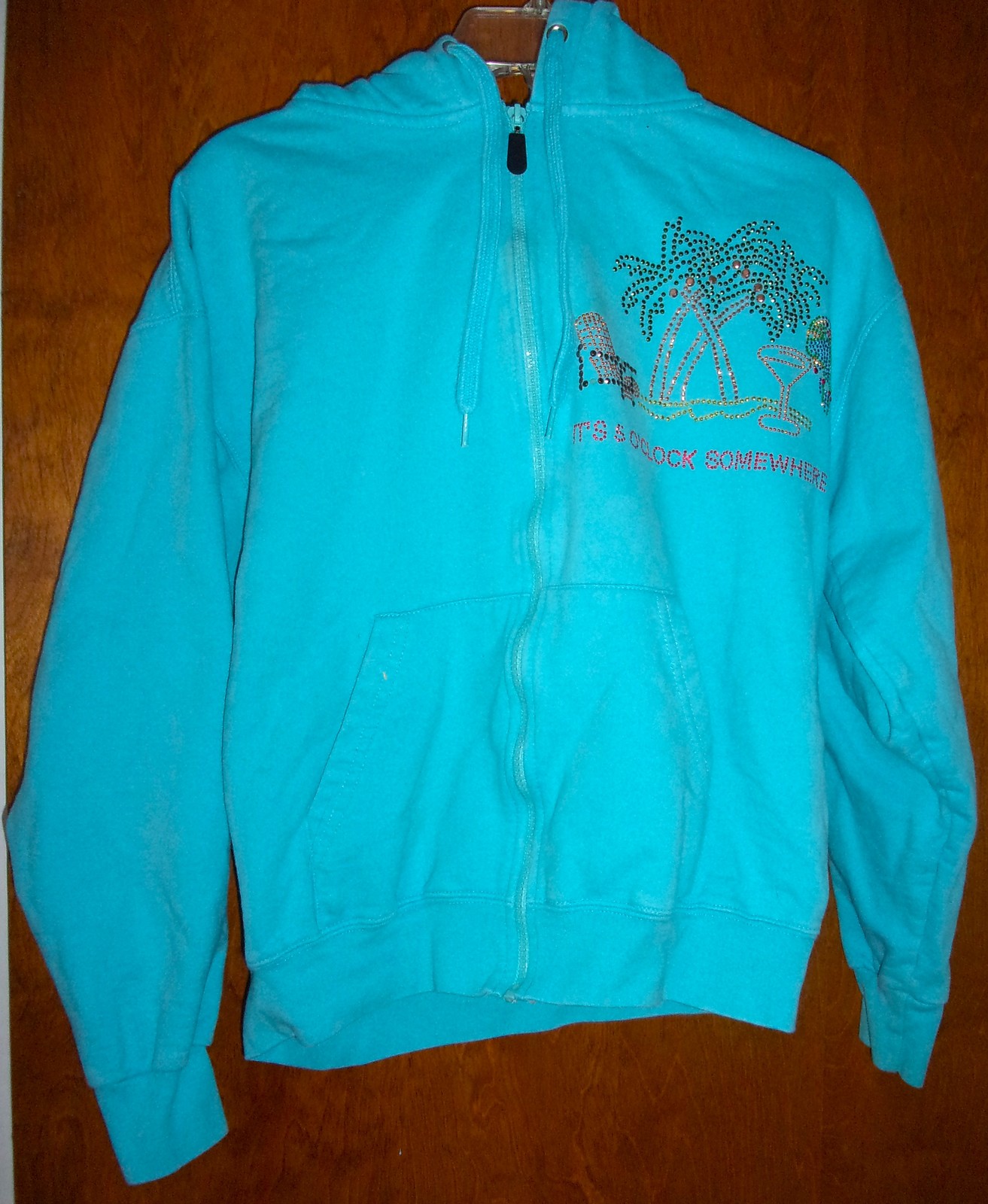 Aces Designed by Won&#39;s Wear Women’s Aqua Hoodie Rhinestone Accents Size M  - $9.99