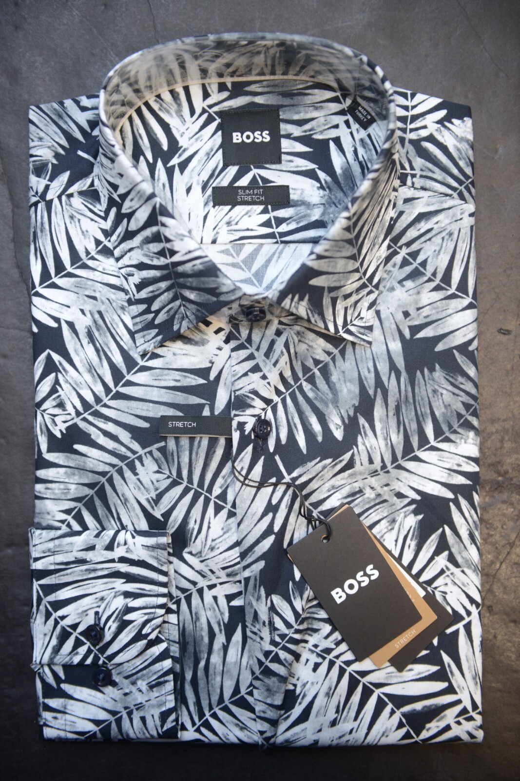HUGO BOSS Herren Hank Kent Slim Fit Blatt Bedruckt Stretch Baumwollkleid Hemd 43 Item image 2