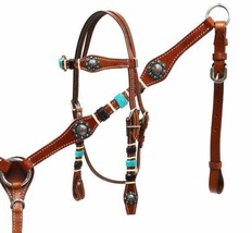 Western Saddle Horse Leather Tack Set w/ Braided Colored Rawhide Nickel Conchos - £78.97 GBP