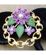 Vintage 1950s Gold Filled Purple Enamel Flowers Faux Pearl Centers Brooc... - £33.50 GBP