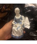Vintage Porcelain Blue and White Gold Sitting Lady Figurine - $422.90 MXN