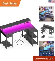 Carbon Fiber Black L-Shaped Desk with LED Lights &amp; Monitor Stand for Gaming - $179.99
