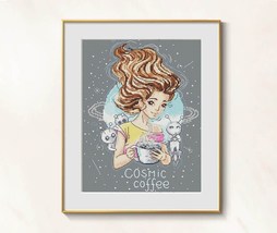 Cosmo Coffee cross stitch girl pattern pdf - Cosmic cross stitch cute aliens  - £7.27 GBP