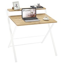 Folding Desk No Assembly Required, 2-Tier Small Computer Desk With Shelf Space S - £102.29 GBP