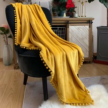 Flannel Blanket With Pompom Fringe Lightweight Cozy Bed Blanket Soft Throw Blank - £28.35 GBP