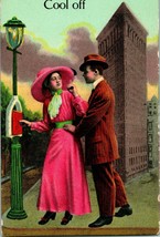 Vtg Postcard 1910s Comic Romance - &quot;Cool Off&quot; - Unused Pink Dress Big Hat Suit - £6.31 GBP