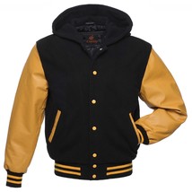 Bomber Varsity Letterman Baseball Hoodie Jacket Black Body Gold Leather Sleeves - £78.93 GBP