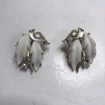Vintage Lisner White Leaves Clip Earrings AB Rhinestones Clip On - $11.30