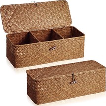 2 Pcs. Seagrass Baskets With Lids, Rectangular Hand Woven Wicker Bin Storage Box - £32.86 GBP