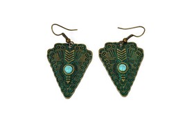 Triangle Aztec Earrings, Ancient Mexico Tribal Style with Green Aged Patina - £11.72 GBP