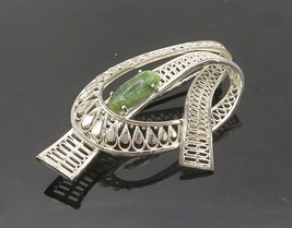 VAN LOU GERMANY 925 Silver - Vintage Jade Shiny Ribbon Motif Brooch Pin - BP7568 - £44.69 GBP