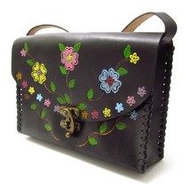 Floral Garden Embellished Brown Genuine Leather Bag - £38.13 GBP