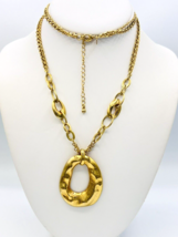 Long Gold Tone Hammered Open Oval Pendant Necklace - £14.24 GBP