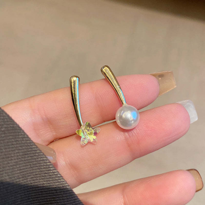 S925银针甜美风不对称珍珠耳钉简约个性星星耳环网红款耳饰女2914 - $0.35