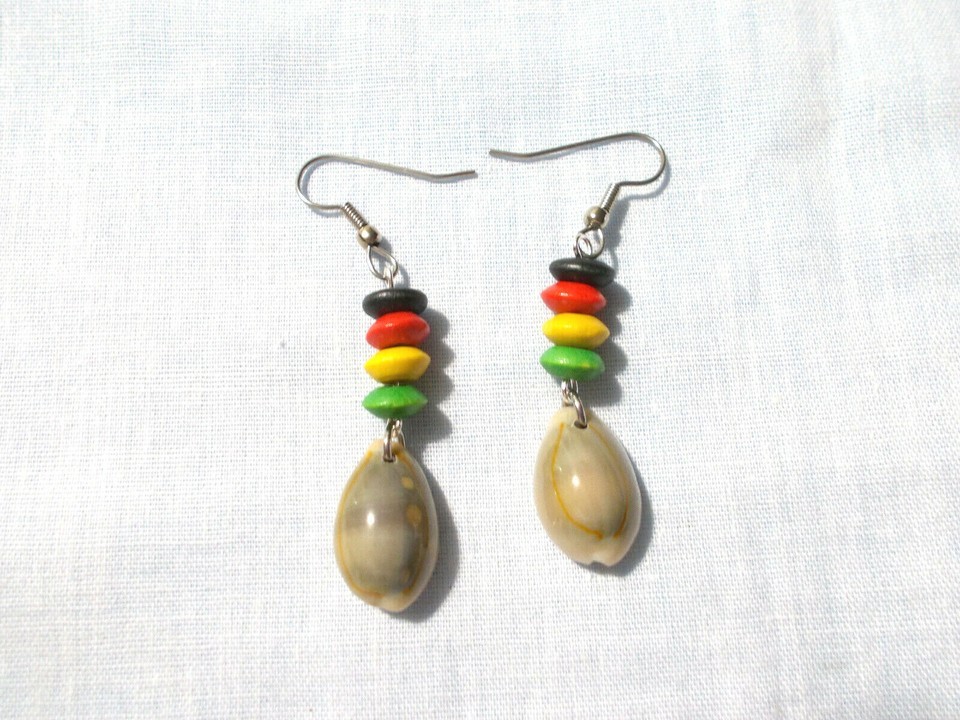 Cowrie Shell Charm on Rasta Color Wooden Hand Beaded Drop Dangle Earrings Item image 2