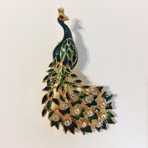 Peacock Pin Brooch Green Enamel Clear Rhinestones Vintage Bird Gold Tone... - $30.00