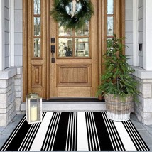  Black and White Striped Rug 27.5x43 Inches Indoor Outdoor Rugs Hand Woven Cotto - £28.44 GBP