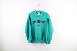 Vtg 90s Country Primitive Womens Petite Medium Quilt Heart Collared Sweatshirt - £35.65 GBP