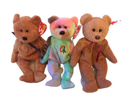 TY Beanie Babies Set of 3 Bears - Fuzz, Curly & Peace - £10.86 GBP