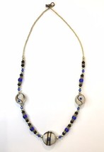 Beautiful Blue White Black &amp; Gold Tone Art Glass Beaded Necklace 24&quot; - £23.76 GBP