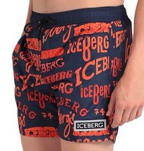 Iceberg Beachwear Navy Orange Logo All Over Men&#39;s Italy Swim Shorts  Sz XL - £81.10 GBP