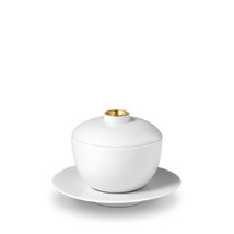 L&#39;OBJET Zen Tea Cup with Lid and Saucer Porcelain 24K Gold Trim White - ZN257 - £38.65 GBP