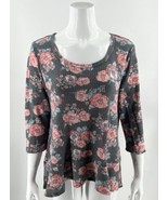 Absolutely Famous Thermal Peplum Top L Gray Pink Floral Ruffle Hem Shirt... - £15.82 GBP