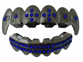 Custom Fit Black CZ Mouth Teeth Metal Grillz Upper Lower Fangs Set Blue Stones - £8.68 GBP